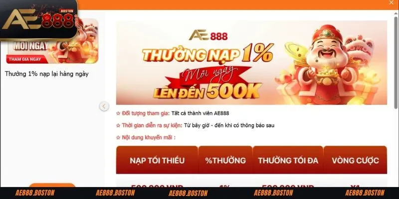 Khuyến Mãi AE888 Thưởng nạp mỗi ngày khuyến mãi AE888